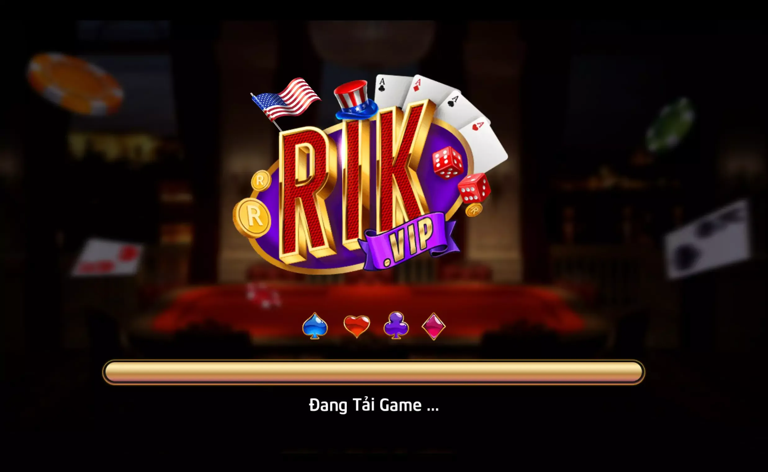 Màn hình khởi động cổng game RIKVIP với lá bài, xúc xắc và logo thương hiệu RIK.VIP